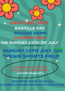 Boules Competition on 13th July at 2pm at @Cyfleusterau Chwaraeron Tregib Sports Facilities 