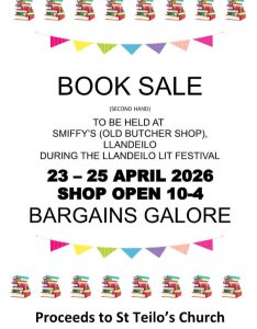 Book sale (second hand) To be held at smiffy’s (old butcher shop), llandeilo. During the llandeilo lit festival